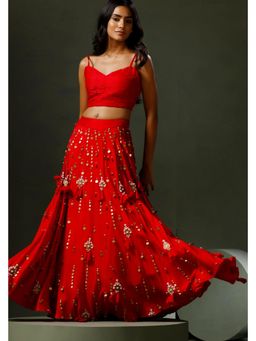 "Two Sisters" by Gyans - The Red Son Chidiya Lehenga With Blouse And Jacket