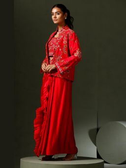 "Two Sisters" by Gyans - The Surkh Red Embroidered Lehenga With Blouse And Jacket
