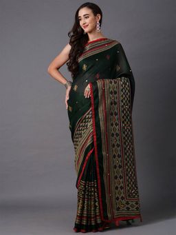 Odette - Green Festive Jute Silk Printed Saree with Unstitched Blouse
