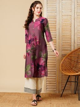FASHOR - Floral Printed Wooden Buttoned Purple Kurta