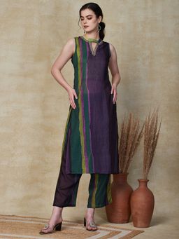 FASHOR - Ethnic Embroidered Printed Purple Kurta With Pant (Set of 2)