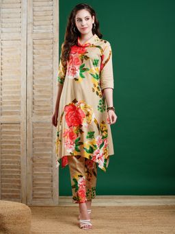 FASHOR - Floral Printed Beige Kurta With Pants (Set of 2)