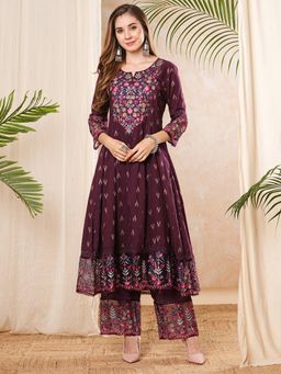 FASHOR - Embroidered Deep Purple Kurta With Pant (Set of 2)