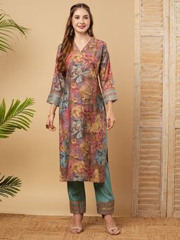 FASHOR - Floral Printed Zari Multi-Colour Kurta With Pant (Set of 2)