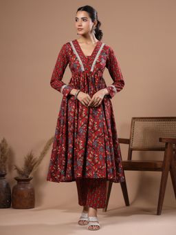 FASHOR - Floral Print Lace Work Kurta With Pant - Rust (Set of 2)