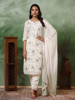 FASHOR - Floral Embroidered Kurta With Pant & Dupatta - Off White (Set of 3)
