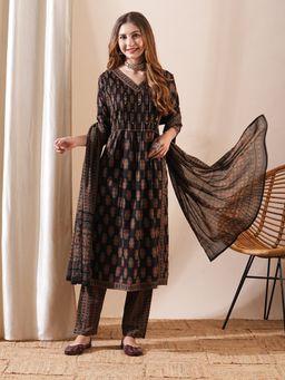 FASHOR - Beads & Stones Printed Kurta With Pants & Dupatta - Coffee Brown (Set of 3)