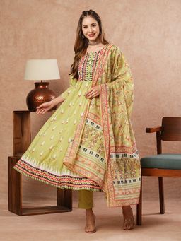 FASHOR - Mirror Work Printed Anarkali Kurta With Pants & Dupatta - Green (Set of 3)