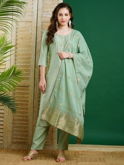 FASHOR - Embroidered Kurta With Pants & Dupatta - Green (Set of 3)