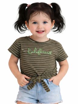 Bloom Up - Olive Striped California Tie-Up T-Shirt For Girls