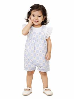 Bloom Up - Blue Gingham Kids Dungaree Set With T-Shirt