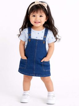 Bloom Up - Denim Dungaree Dress With Printed T-Shirt