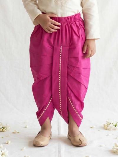 Pink Solid With Gotta Lace Pure Cotton Dhoti For Boys