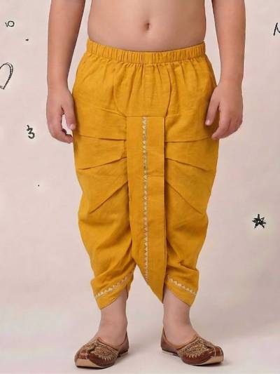 Yellow Solid With Gotta Lace Pure Cotton Dhoti For Boys