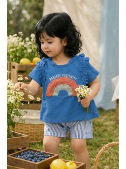 Bloom Up - Blue Rainbow Graphic Ruffle Sleeve Kids T-Shirt