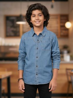 KiddoPanti - Boys Denim Woven Full Sleeves Solid Shirt With Pocket