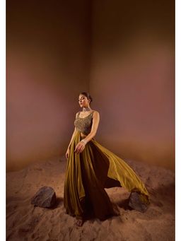 Qunic - Olive Green Indowestern Hand Embroidery Co-Ord Set