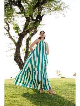 Raas Life - Birds Of Paradise Green Cotton A-Line Maxi Dress