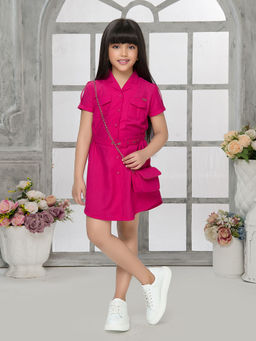 TINY BABY - Solid Regular Fit Party Dress With Belt And Sling Bag - Pink (Set of 2)
