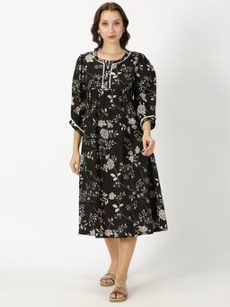 Saffron Threads - Black Floral Print Midi Dress with Crochet Lace