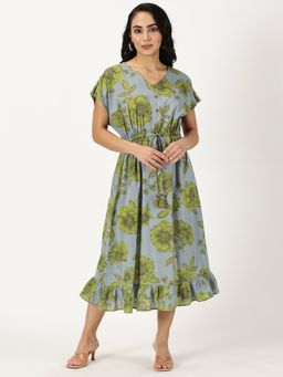 Saffron Threads - Blue Floral Print Kaftan Dress with Waist-Tie up