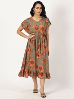 Saffron Threads - Olive Green Floral Print Kaftan Dress with Waist-Tie up