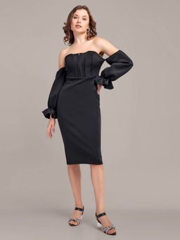 IKI CHIC - Black Off-Shoulder Lantern Sleeve Bodycon Dress