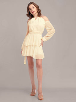 IKI CHIC - Beige Cold Shoulder Long Sleeve Ruffle Mini Dress