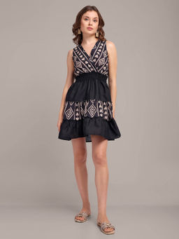 IKI CHIC - Black V-Neck Printed Mini Dress