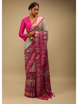 KALKI FASHION - Rani Pink Patola Saree In Soft Silk Grey and White Stripes with Unstitched Blouse