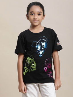 Kidsville - Powerpuff Girls Printed Relaxed Fit T-shirt For Girls-Black