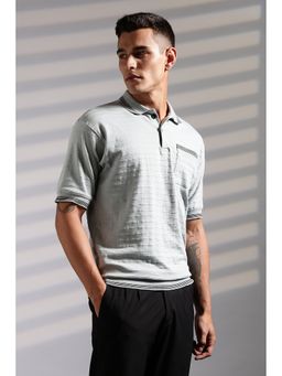 Eszett - Men Textured Fabric Grey Oversized Polo T-Shirt