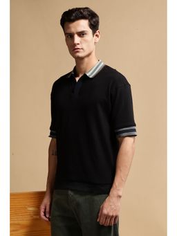 Eszett - Men Textured Fabric Black Oversized Polo T-Shirt