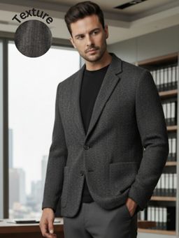 RIGO - Men Cotton Grey Textured Single-Breasted Blazer