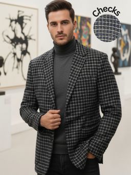 RIGO - Men Cotton Navy Blue Checks Single-Breasted Blazer