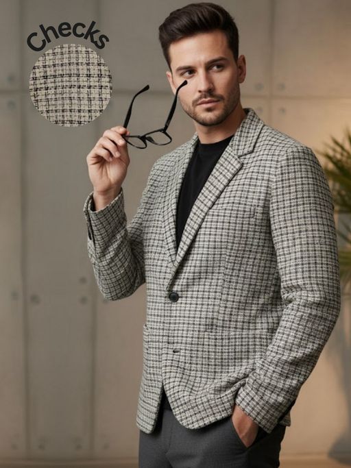 RIGO Men Cotton Beige Checks Single-Breasted Blazer