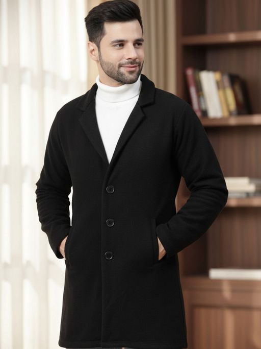 RIGO Men Fleece Black Solid Single-Breasted Coat