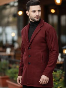 RIGO - Men Fleece Maroon Solid Single-Breasted Coat