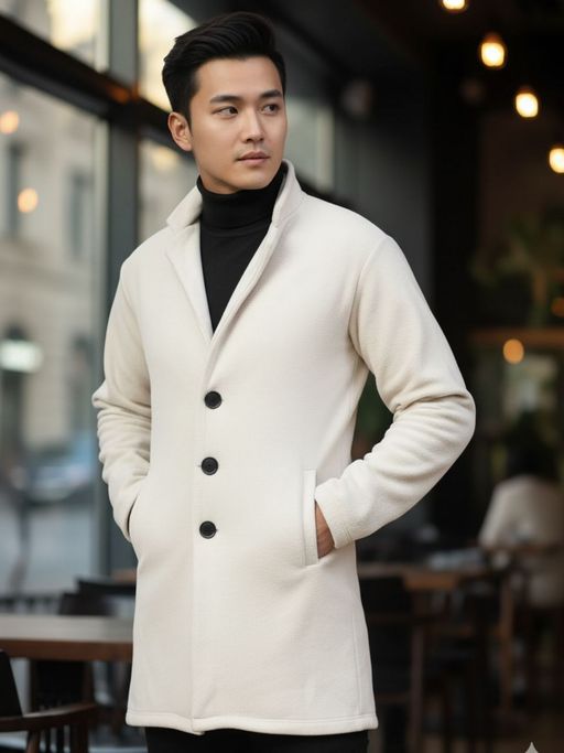 RIGO Men Fleece Off White Solid Single-Breasted Coat