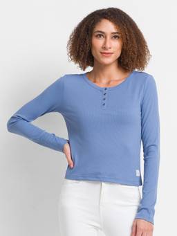 Spykar - Infinity Blue Cotton Blend Full Sleeve Plain Casual T-shirt For Women