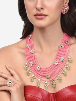 Zaveri Pearls - Pink & Green Multi Layers Beaded Kundan Flowers Necklace, Earring & Ring Set-ZPFK13797