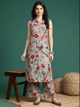 ANAISA - Women's Grey Cotton Floral Printed Kurta With Pant