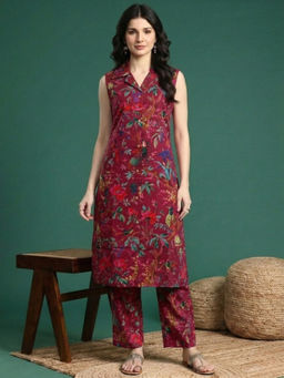ANAISA - Women's Maroon Cotton Floral Printed Kurta With Pant
