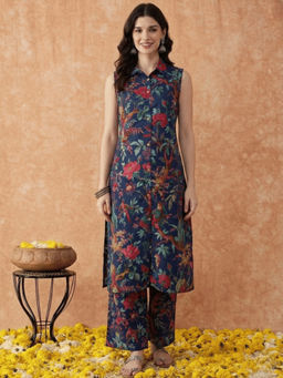 ANAISA - Women's Navy Blue Cotton Floral Printed Kurta With Pant
