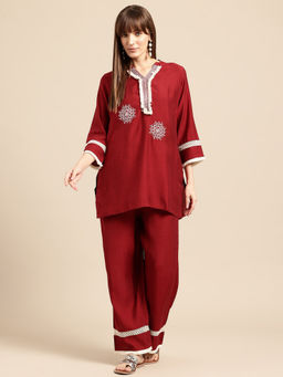 Sia - Ab Pehnegi Duniya - Women's Red Art Silk Embroidered Co-Ord Set