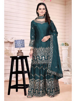 Anveri Textiles - Women's Teal Green Silk Embroidered Kurta With Sharara & Dupatta