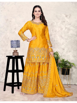 Anveri Textiles - Women's Yellow Silk Embroidered Kurta With Sharara & Dupatta