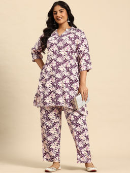 Sia - Ab Pehnegi Duniya - Women's Purple Rayon Floral Printed Lev Mesh Co-Ord Set