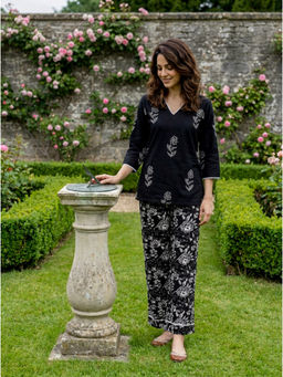 Missprint - Women's Black Cotton Floral Print Co-Ord Set
