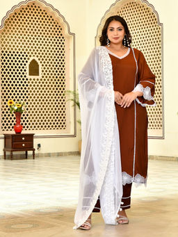 Desi Noor - Plus Size Coffee Mul Chanderi Kurta With Pant & Dupatta